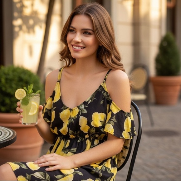 Women’s Rosette Spring Blue Dress With Yellow Lemons Flutter Sleeve Chiffon M - Picture 2 of 14